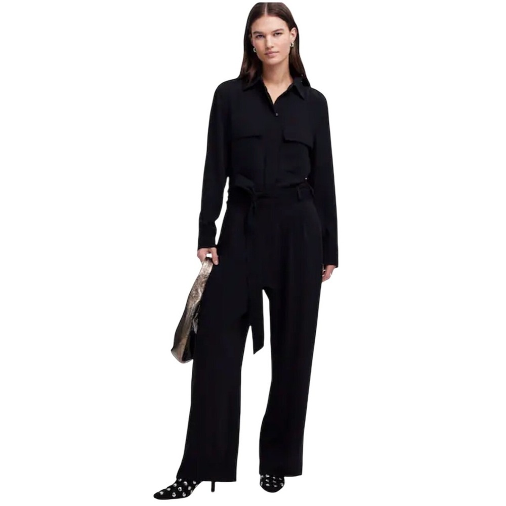 Madewell Black Long Sleeve Utility Tie Waist Straight Leg Jumpsuit Size 10 AF224